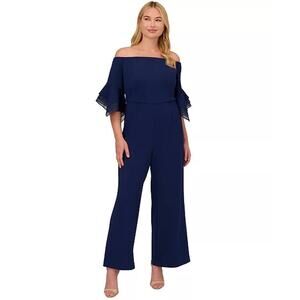 NWT! Adrianna Papell (18W) Navy Off-The-Shoulder Jumpsuit Organza Sleeve MOTB